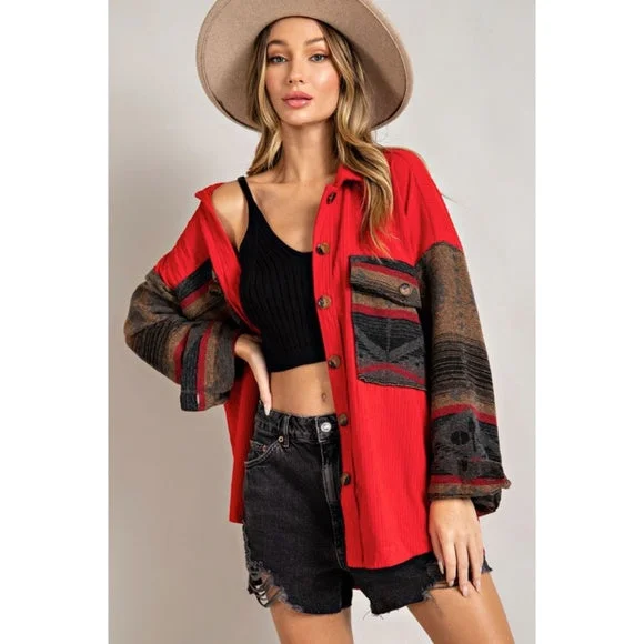 Red Corduroy Aztec Tribal Western Printed Shacket Shirt Jacket Front Pockets Side Pockets Patch Pockets Red Corduroy Aztec Tribal Western Printed Shacket Shirt Jacket Front Pockets Side Pockets Patch Pockets
