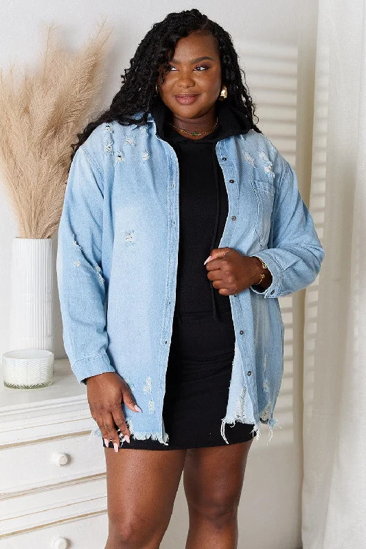RISEN Full Size Distressed Raw Hem Denim Jacket Oversized Jacket Tailored Jacket Straight Jacket RISEN Full Size Distressed Raw Hem Denim Jacket Oversized Jacket Tailored Jacket Straight Jacket