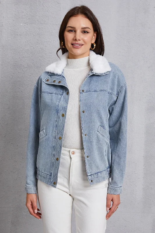 Snap Down Collared Neck Denim Jacket Fleece Fabric Down Fabric Feather Fabric
