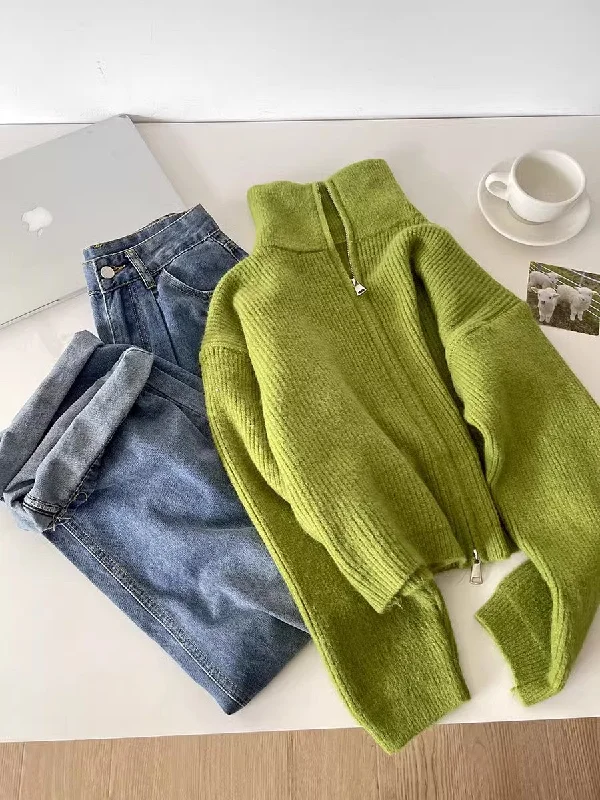 Stylish double-zip knitted cardigan long-sleeved jacket     S4698 Belted Jacket Elasticated Jacket Padded Jacket