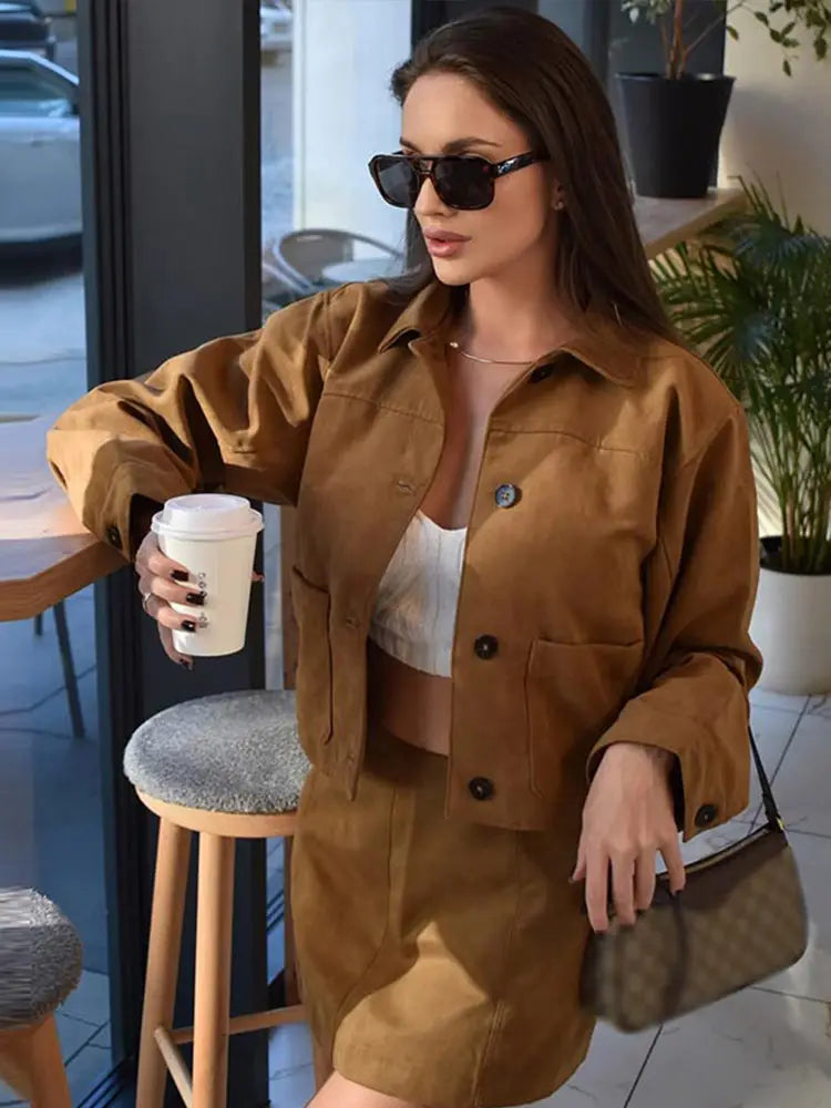 Zjkrl - Suede Short Jacket Mini Skirt Set Women Fashion Lapel Single Breasted Slim Coat A-line Skirts Autumn Lady Commute Outfit Knit Jacket Woven Jacket Fleece Jacket Zjkrl - Suede Short Jacket Mini Skirt Set Women Fashion Lapel Single Breasted Slim Coat A-line Skirts Autumn Lady Commute Outfit Knit Jacket Woven Jacket Fleece Jacket