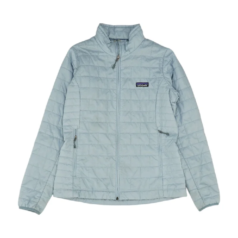 Blue Solid Puffer Jacket Notch Collar Peter Pan Collar Cowl Neck