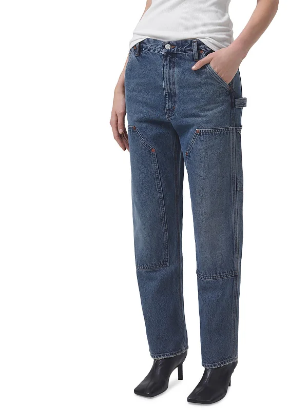 Rami Womens High Rise Medium Wash Cargo Jeans Chic Faded Blue Jeans