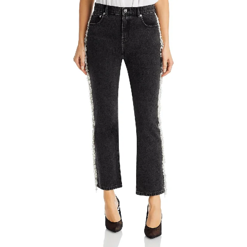 Womens Beaded Fringe Straight Leg Jeans Cozy Stretch High-Waist Jeans