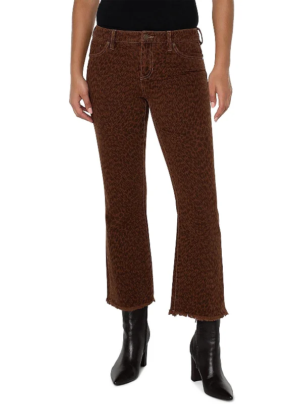 Womens Cropped Animal Print Flared Jeans Trendy Bootcut High-Waisted Jeans