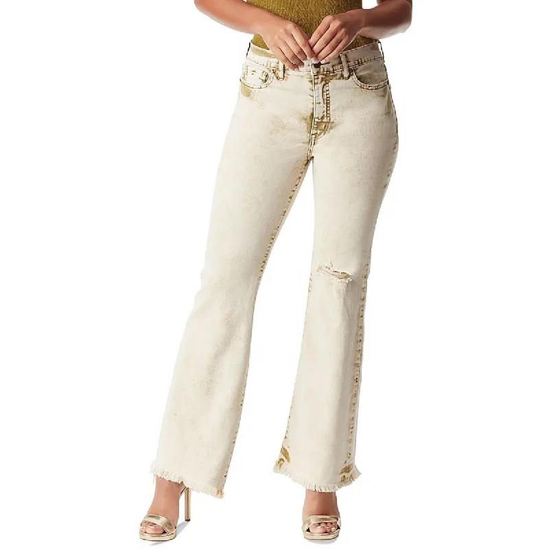 Womens Denim Raw Hem Flared Jeans Stylish High-Rise Mom Jeans