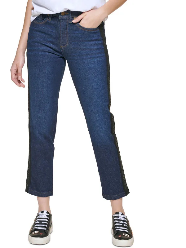 Womens High Rise Dark Wash Straight Leg Jeans Chic Ripped Jeans