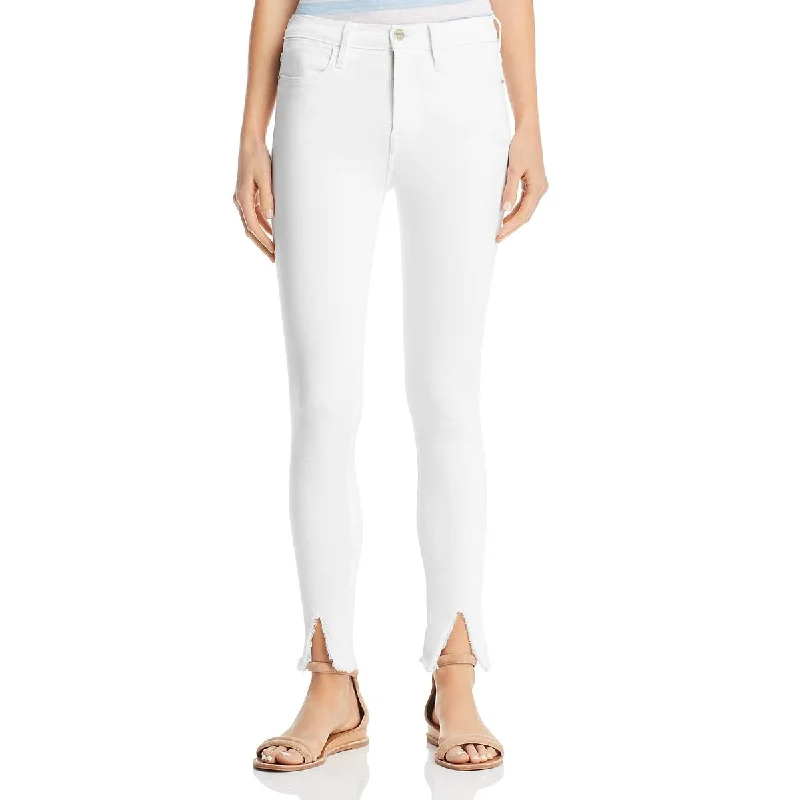Womens Raw Hem Split Hem Skinny Jeans Trendy Pleated Waist Jeans