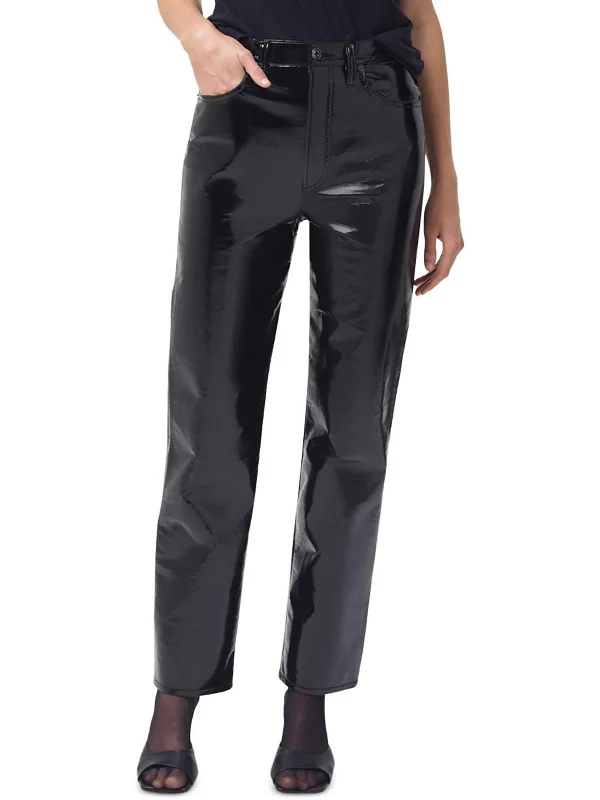Womens Recycled Leather Blend Pinch Waist Straight Leg Jeans Cozy Wide-Legged Jeans