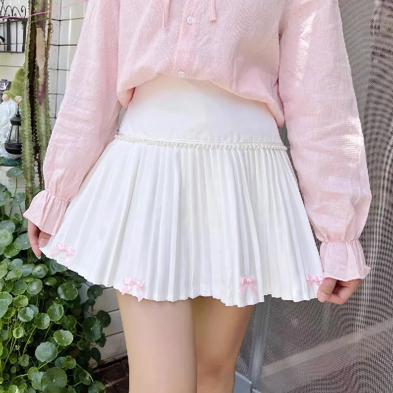 2023 New Japanese cute Bow pearl high waist skirt BY9155 silk skirt smooth