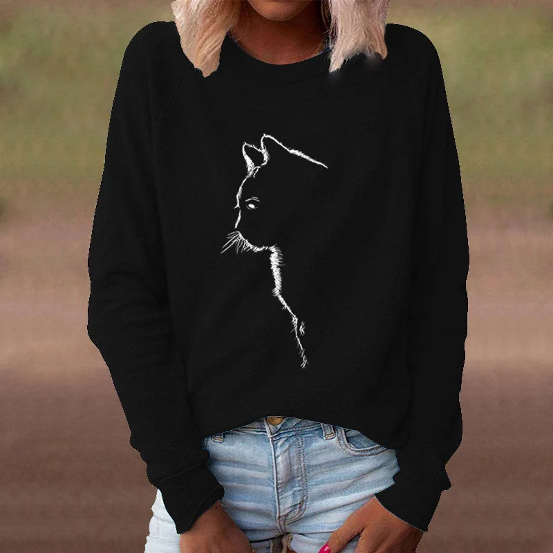 Cat Creative Printing Round Neck Long Sleeve Sweater For Women Chenille Blend Fleece Blend Nylon Blend Cat Creative Printing Round Neck Long Sleeve Sweater For Women Chenille Blend Fleece Blend Nylon Blend