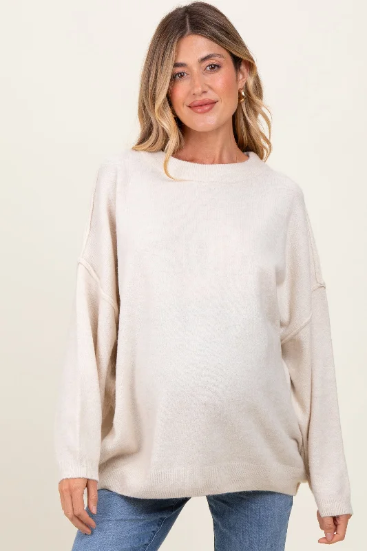 Cream Oversized Crewneck Melange Knit Maternity Sweater Chenille Fabric Brocade Fabric Lace Fabric