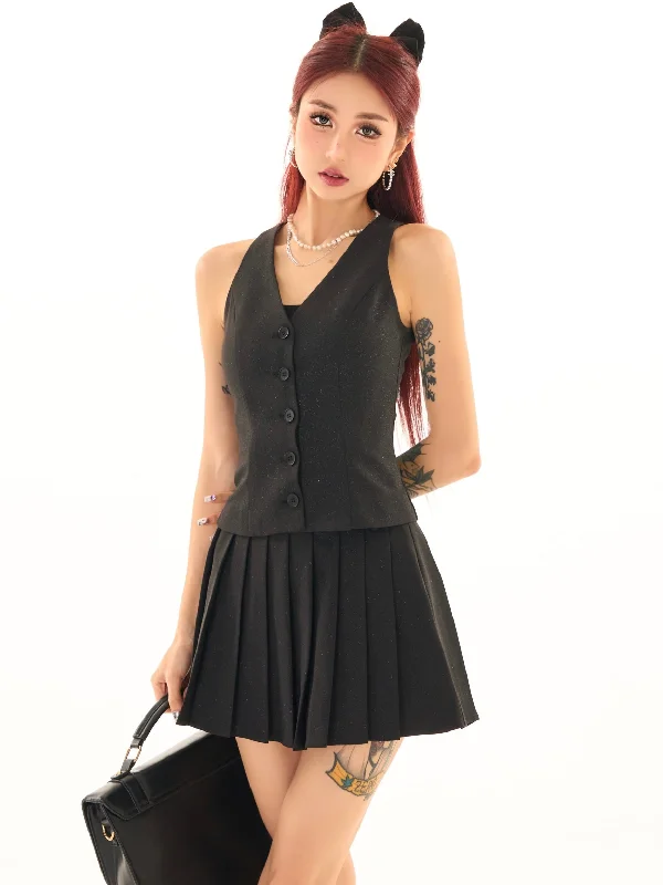 Evelyn Solid Color Shimmer V-Neck Wide Strap Button Up Vest + High Waist Shimmer Pleated Mini Skirt Matching Set leather skirt sleek
