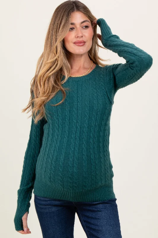 Hunter Green Long Sleeve Cable Patterned Maternity Sweater Knit Top Glossy Satin Silk Hunter Green Long Sleeve Cable Patterned Maternity Sweater Knit Top Glossy Satin Silk