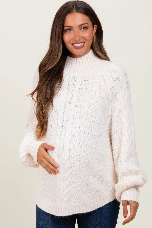 Ivory Mixed Chunky Cable Knit Mock Neck Maternity Sweater Collared Crew Neck Turtle Neck Ivory Mixed Chunky Cable Knit Mock Neck Maternity Sweater Collared Crew Neck Turtle Neck