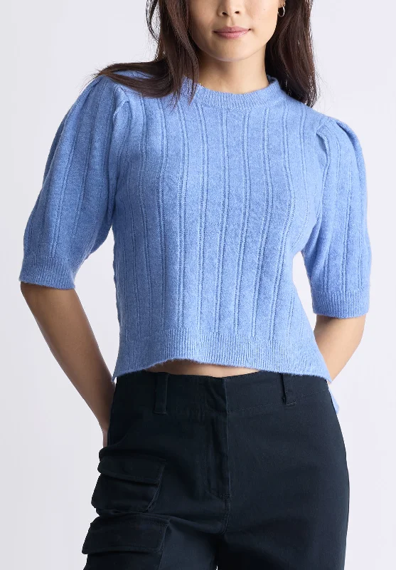 Jaxie Women's Elbow-Length Puff-Sleeve Knit Sweater, Heather Blue - SW0076F High Neck Crew Neck V-Neck Jaxie Women's Elbow-Length Puff-Sleeve Knit Sweater, Heather Blue - SW0076F High Neck Crew Neck V-Neck