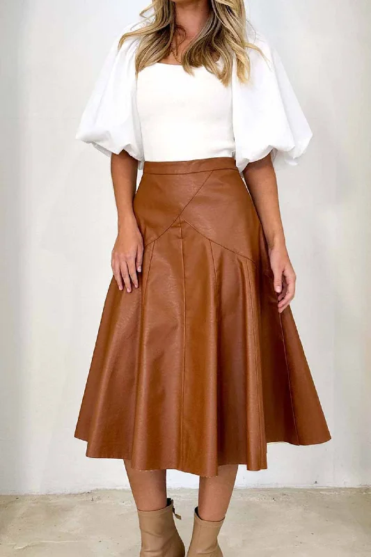 Leather High Waist Pleated Midi Skirt flowy skirt hem