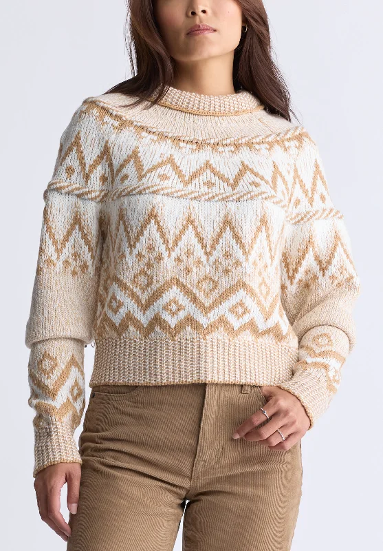 Lesina Women's Fair Isle Knit Pullover Sweater, Beige & Camel - SW0088F Elasticated Padded Insulated Lesina Women's Fair Isle Knit Pullover Sweater, Beige & Camel - SW0088F Elasticated Padded Insulated