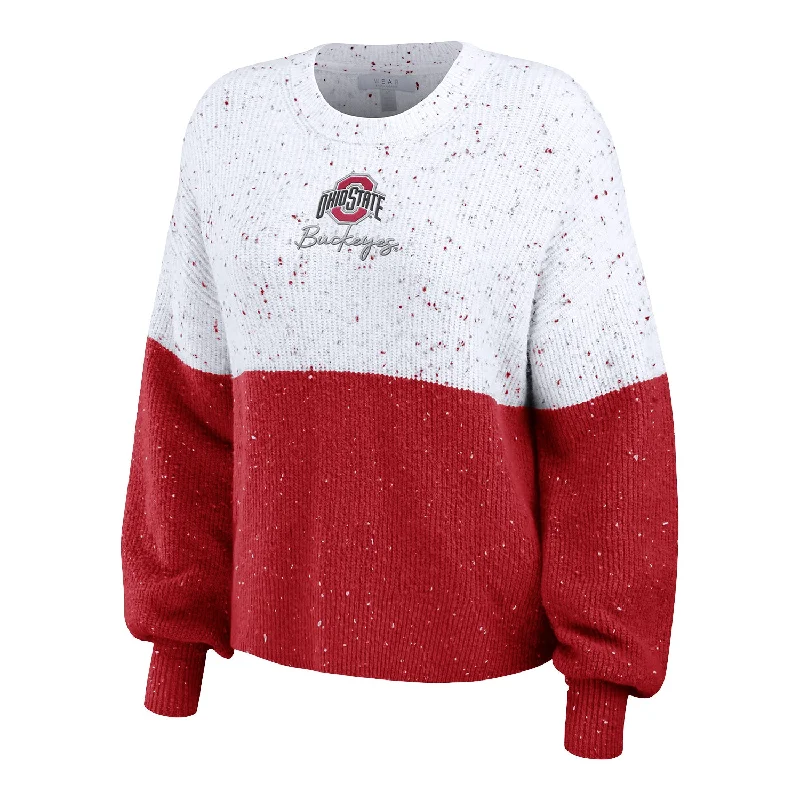 Ladies WEAR by Erin Andrews Ohio State Buckeyes Color Block Sweater Knit Fabric Woven Fabric Fleece Fabric Ladies WEAR by Erin Andrews Ohio State Buckeyes Color Block Sweater Knit Fabric Woven Fabric Fleece Fabric
