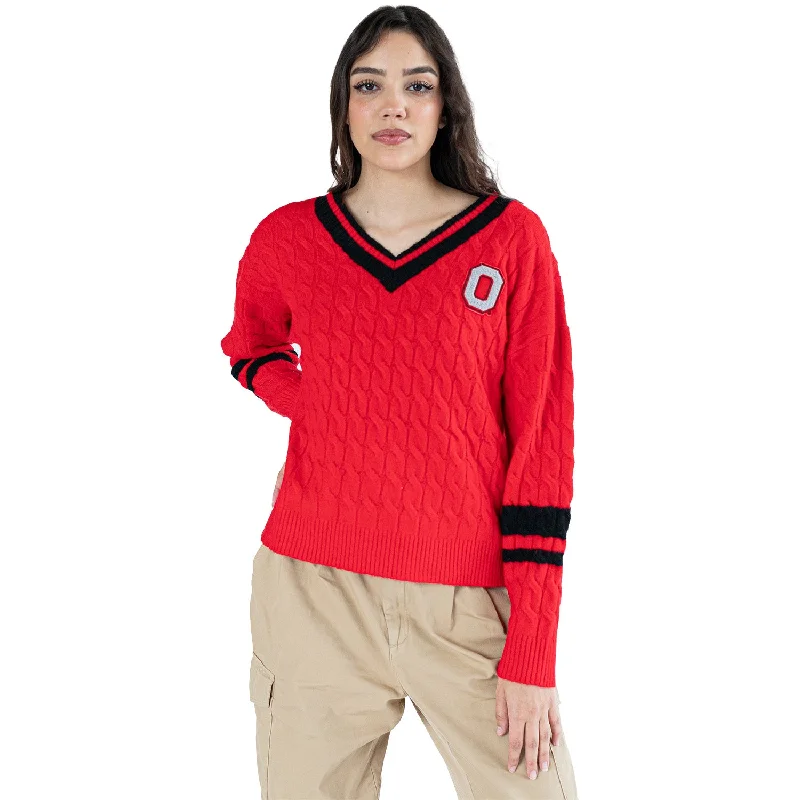 Ladies Ohio State Buckeyes Lusso Cable Knit V-Neck Sweater Elasticated Padded Insulated Ladies Ohio State Buckeyes Lusso Cable Knit V-Neck Sweater Elasticated Padded Insulated