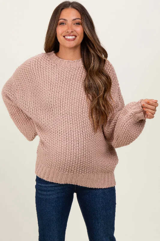 Pink Chunky Knit Oversized Drop Shoulder Maternity Sweater Zippered Front Buttoned Front Snap Front Pink Chunky Knit Oversized Drop Shoulder Maternity Sweater Zippered Front Buttoned Front Snap Front