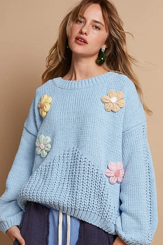 POL Crochet Flower Round Neck Dropped Shoulder Sweater Solid Color Striped Floral Print POL Crochet Flower Round Neck Dropped Shoulder Sweater Solid Color Striped Floral Print