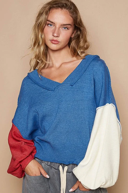 POL Exposed Seam Contrast V-Neck Lantern Sleeve Sweater Velvet Chenille Corduroy