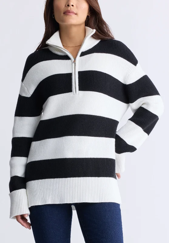 Storme Women's Striped Quarter-zip Oversized Sweater, Black & White - SW0089H Front Pockets Side Pockets Patch Pockets