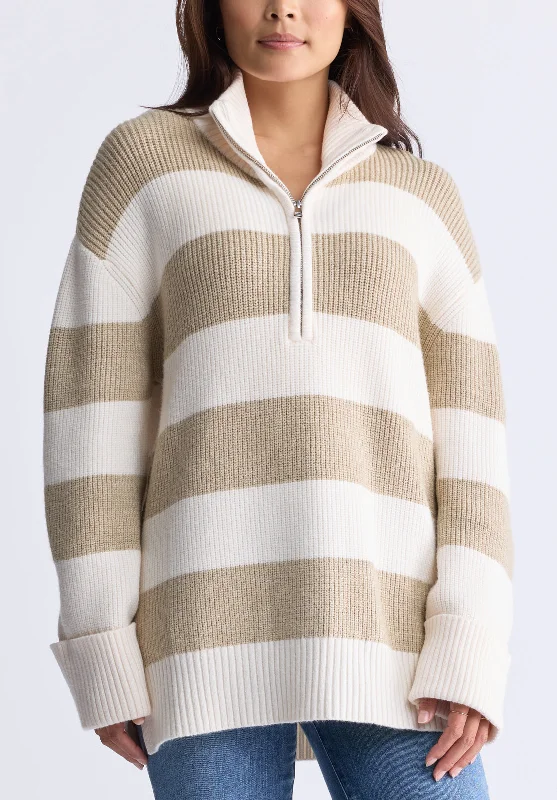 Storme Women's Striped Quarter-zip Oversized Sweater, Tan & White - SW0089H Ribbed Striped Patterned Storme Women's Striped Quarter-zip Oversized Sweater, Tan & White - SW0089H Ribbed Striped Patterned