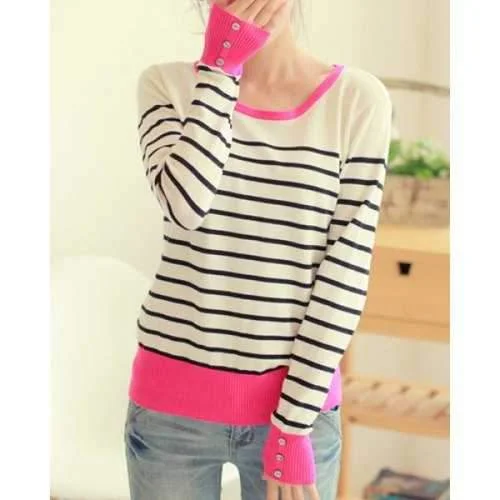 Casual Scoop Collar Striped Color Block Long Sleeve Women's Sweater - Stripe One Size Toggled Drawstring Belted Casual Scoop Collar Striped Color Block Long Sleeve Women's Sweater - Stripe One Size Toggled Drawstring Belted