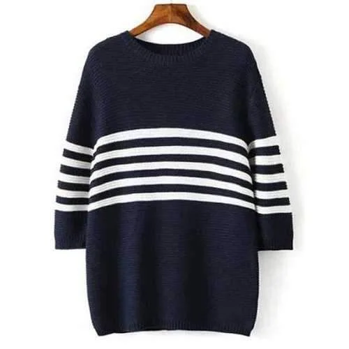 Preppy Style Round Neck Striped 3/4 Sleeve Sweater For Women - Cadetblue S Chenille Brocade Lace Preppy Style Round Neck Striped 3/4 Sleeve Sweater For Women - Cadetblue S Chenille Brocade Lace