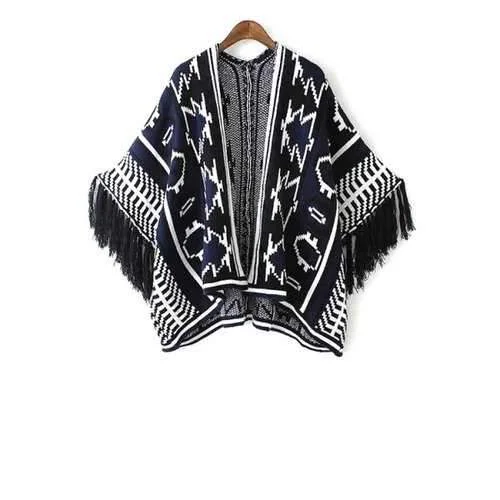 Stylish Open Front Wide Sleeve Jacquard Tassels Spliced Women's Cape Sweater - Blue One Size(fit Size Xs To M) Jersey Fabric Tulle Fabric Batik Fabric Stylish Open Front Wide Sleeve Jacquard Tassels Spliced Women's Cape Sweater - Blue One Size(fit Size Xs To M) Jersey Fabric Tulle Fabric Batik Fabric