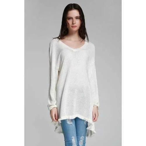 Sweet V Neck Long Sleeve Cut Out Women's Sweater - White L Boat Neck Shawl Collar Notched Collar Sweet V Neck Long Sleeve Cut Out Women's Sweater - White L Boat Neck Shawl Collar Notched Collar